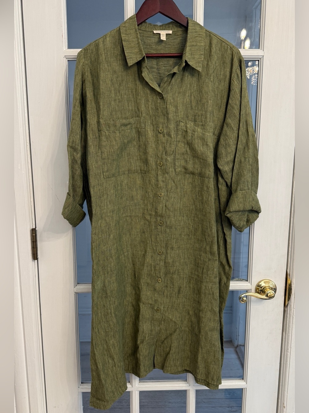 Eileen Fisher Women’s Olive Organic Linen Button Down Shirt Dress Pockets Sz XL